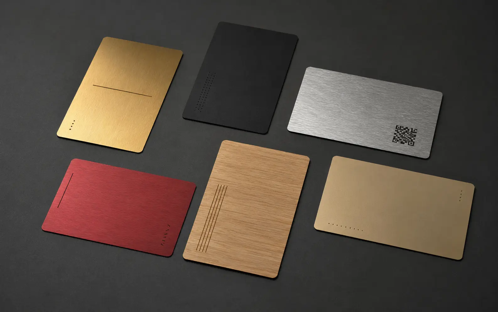 A family of thin identity cards in metal, bamboo and different surface finishes