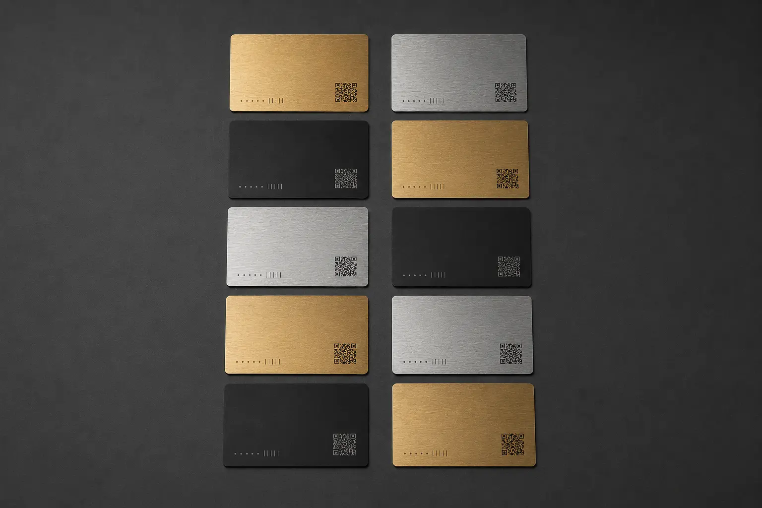 A production series of individually marked thin metal cards with unique machine-readable codes