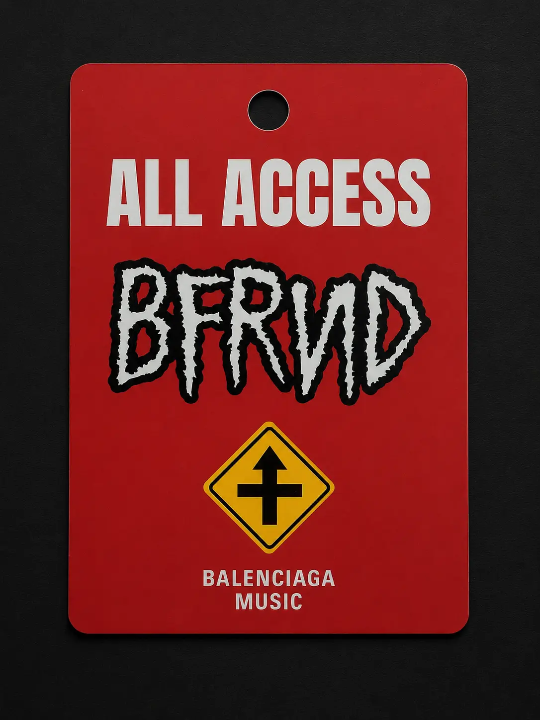 Front of the red Balenciaga Music all-access metal pass