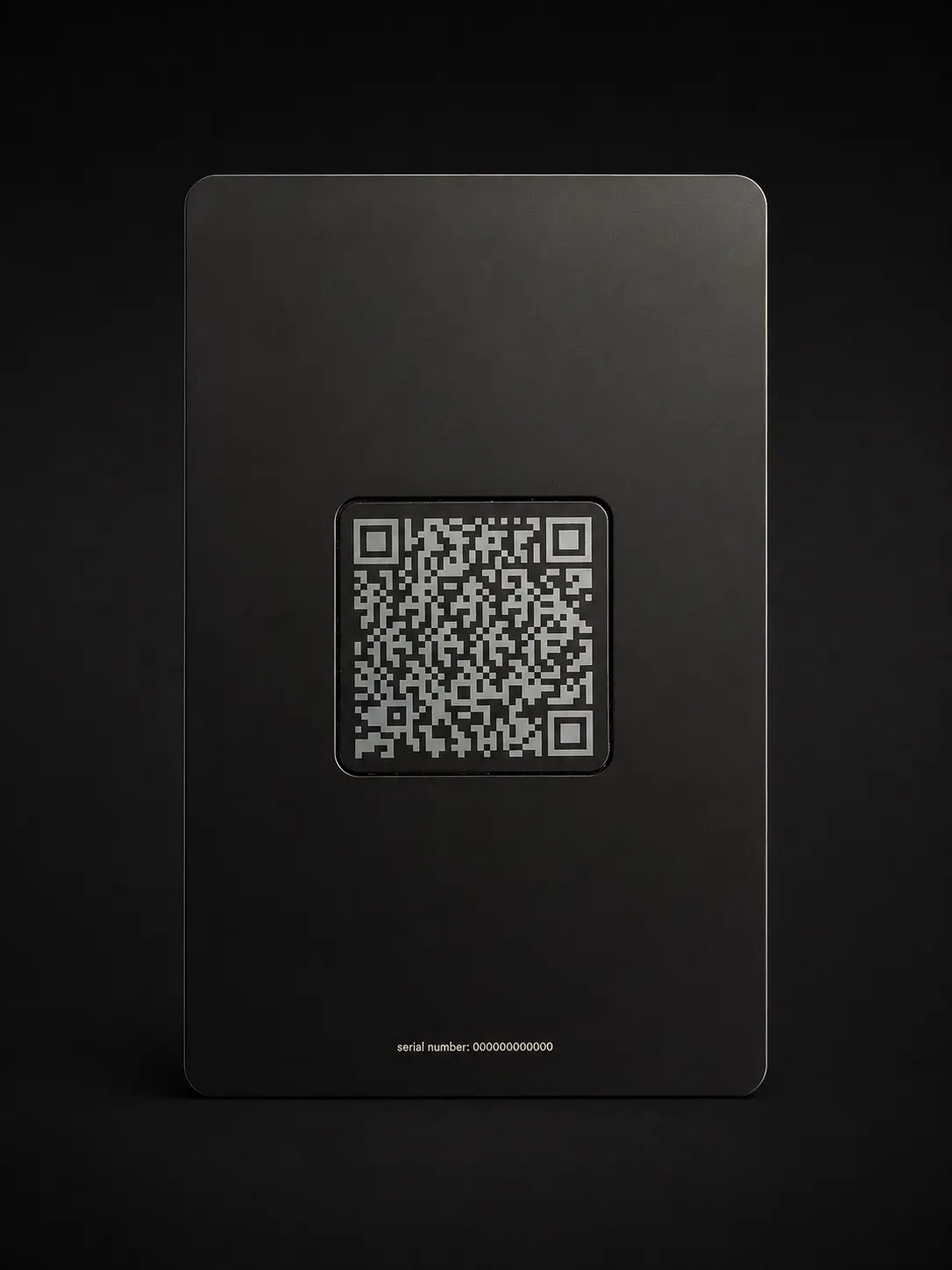 Reverse of a black Bottega Veneta connected metal card with QR code and neutral serial reference